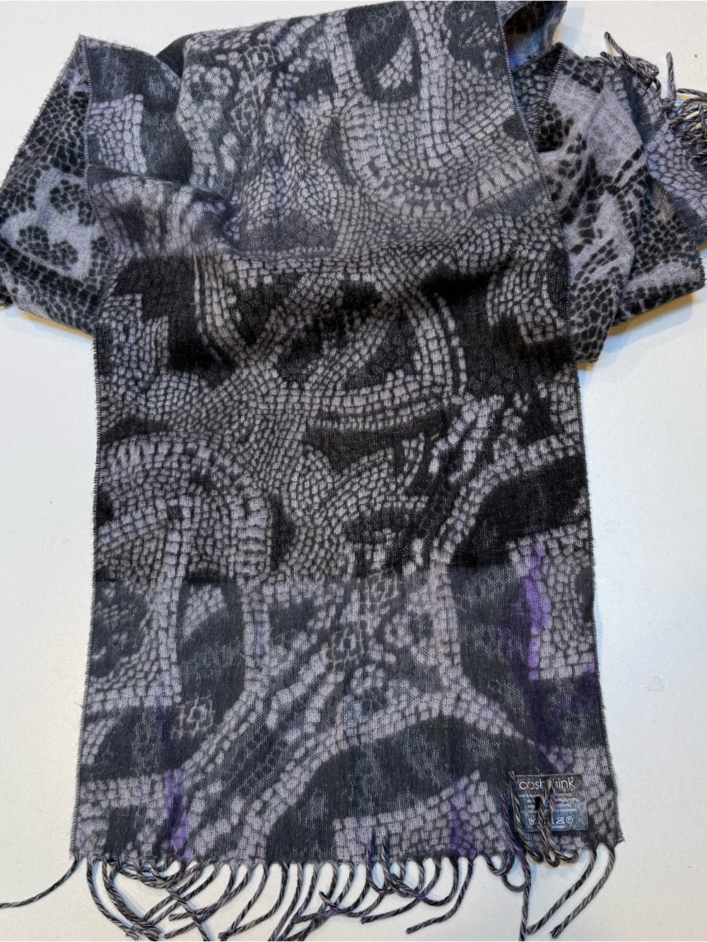 Cozy Black & Gray Patterned Scarf with Subtle Purple Accents